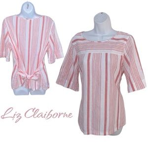 Liz Claiborne Linen Blend Coral White Striped Tie Back Top - Women’s Large